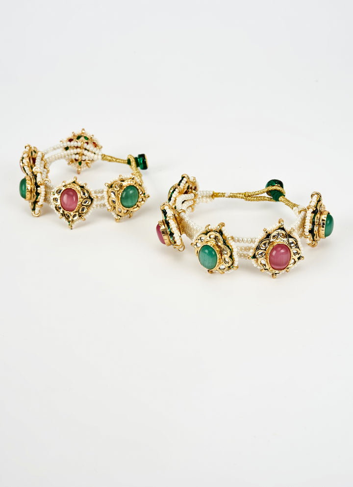 Green And Pink Stone Gold Plated Bangles With Pearl