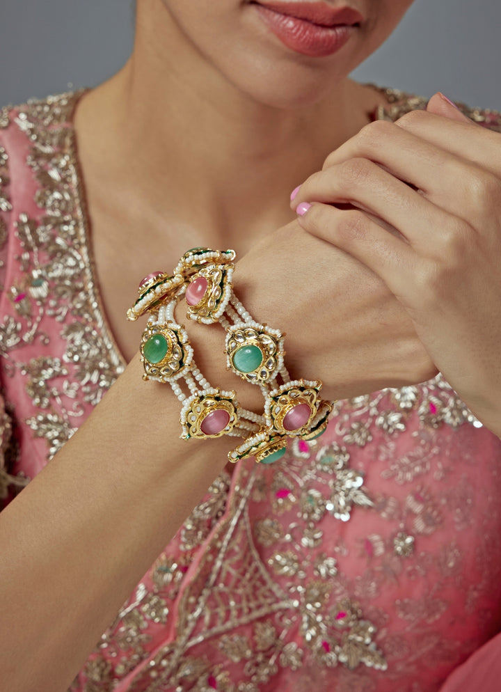 Green And Pink Stone Gold Plated Bangles With Pearl