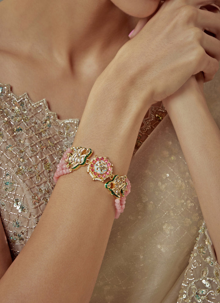 Gold Plated Pink Beaded Bracelet