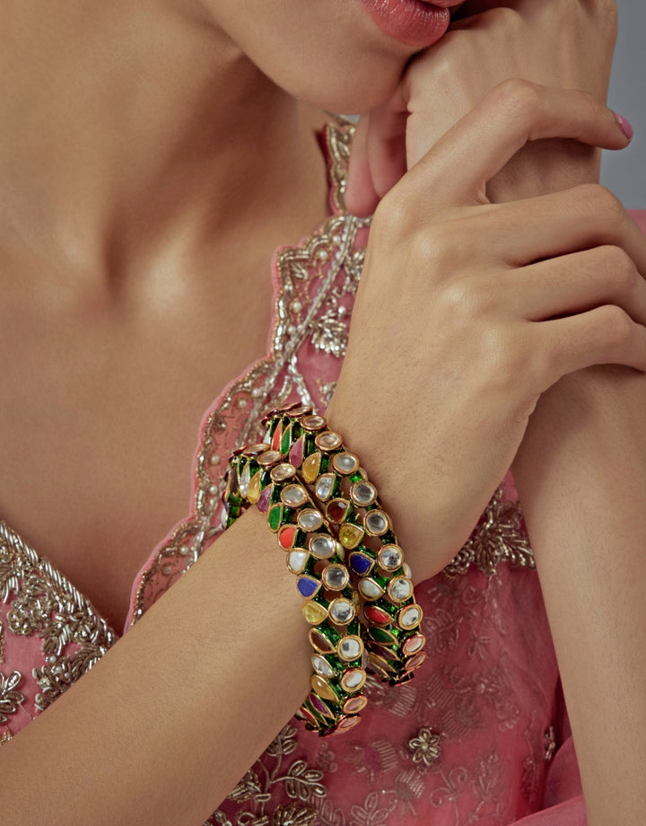 Multicolor Stone And Kundan Gold Plated Bangles