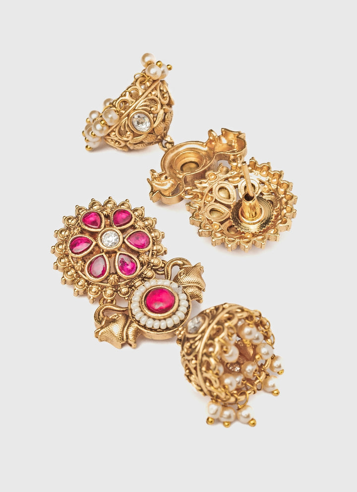 Gold Plated Floral Pink Beaded Jhumka Earrings