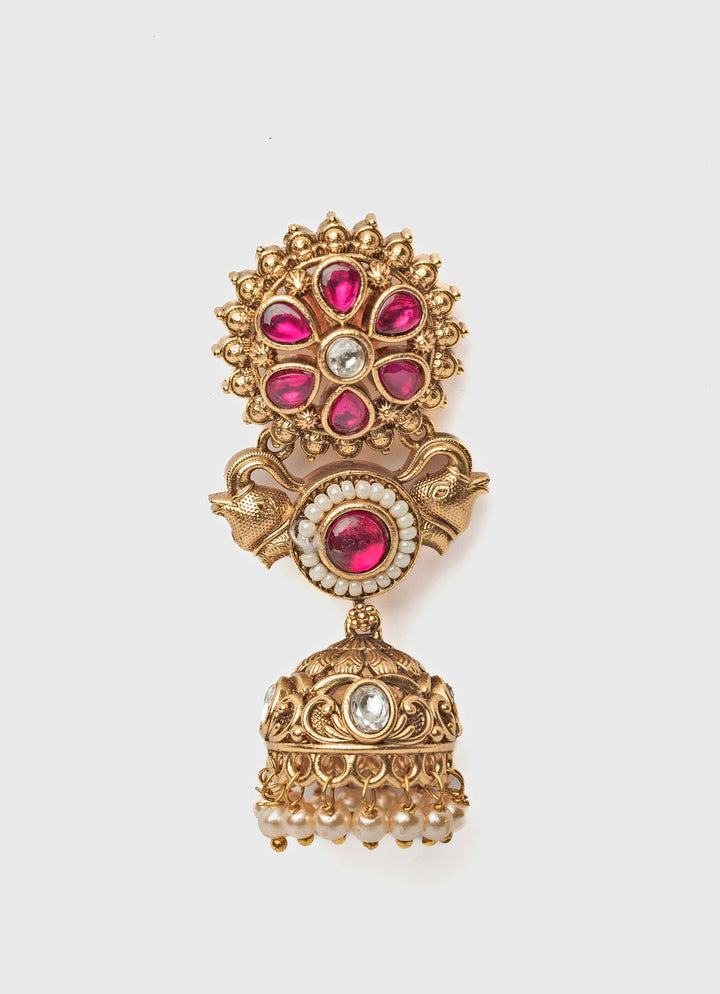 Gold Plated Floral Pink Beaded Jhumka Earrings
