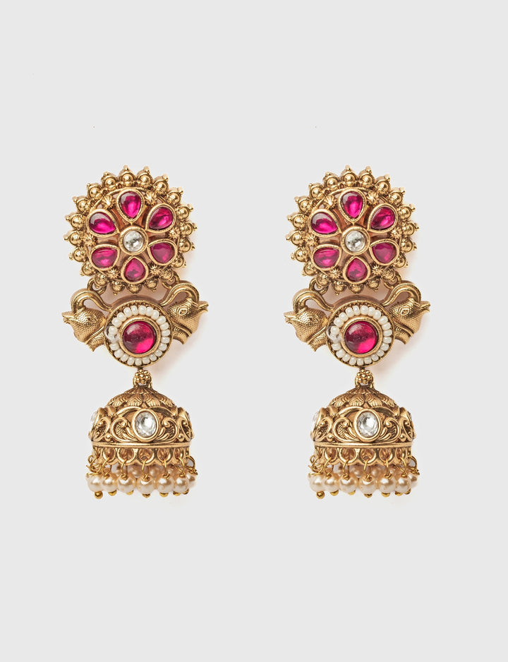 Gold Plated Floral Pink Beaded Jhumka Earrings