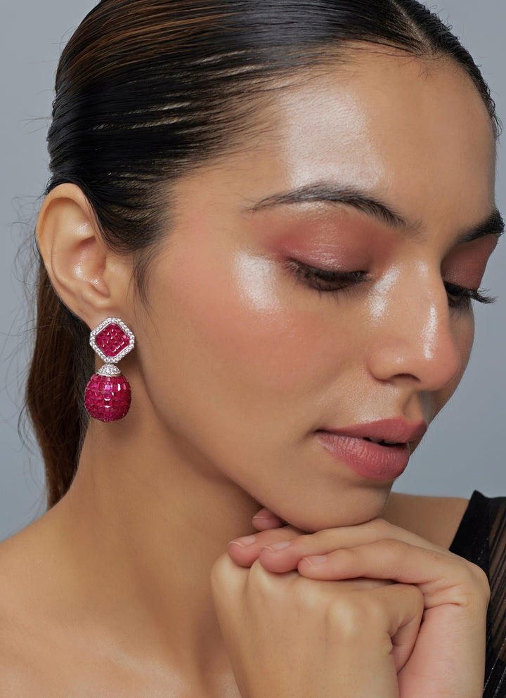 Silver Plated Pink And Zircon Dangler Earrings