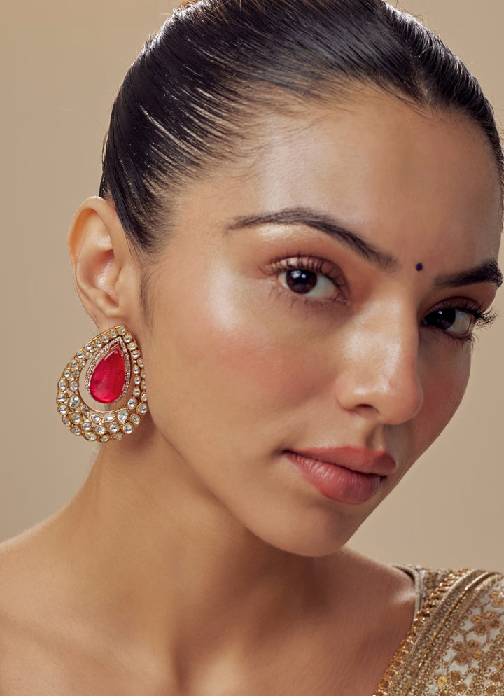 Gold Plated Red Teardrop Earrings