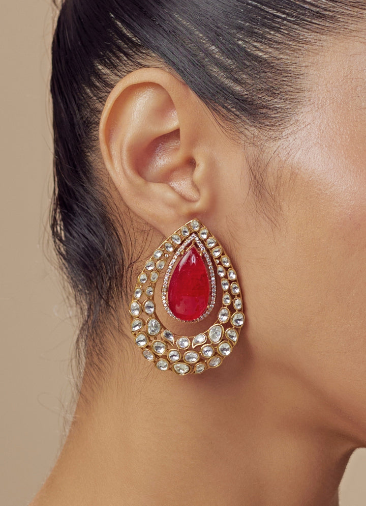 Gold Plated Red Teardrop Earrings