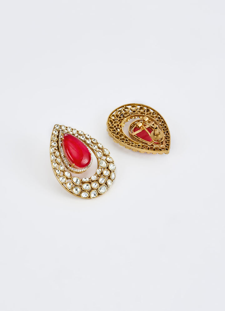 Gold Plated Red Teardrop Earrings