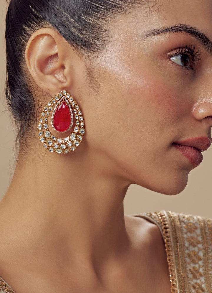 Gold Plated Red Teardrop Earrings