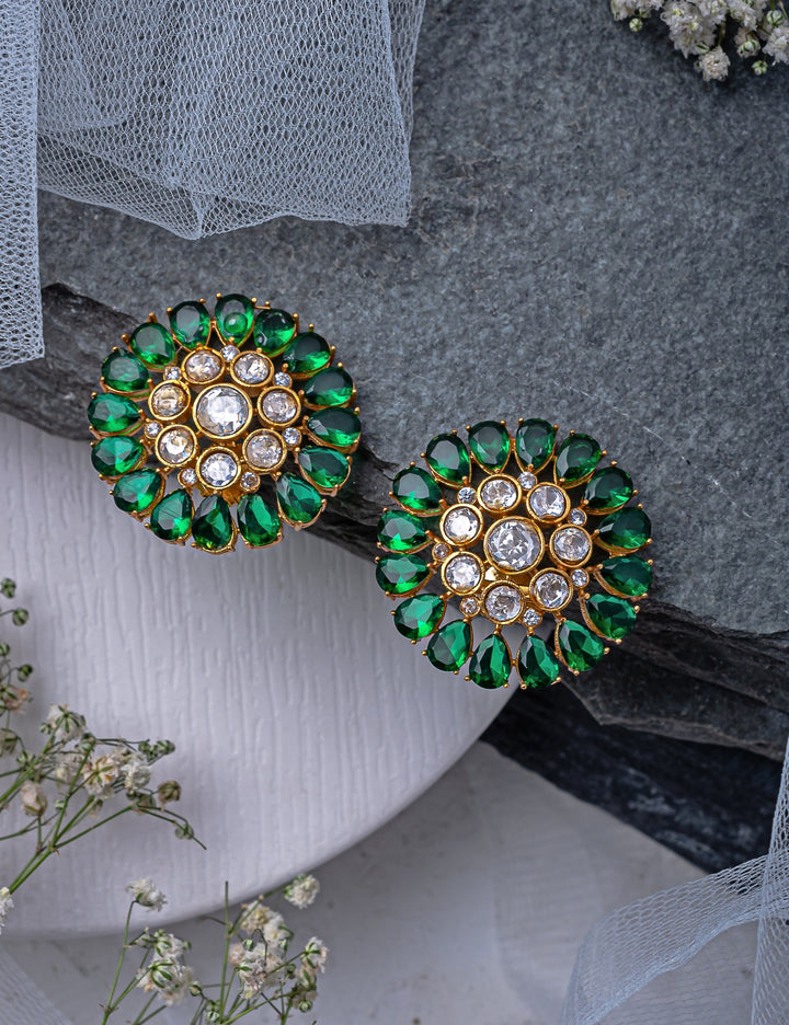 Gold Plated Green Kundan And Polki Stud Earrings