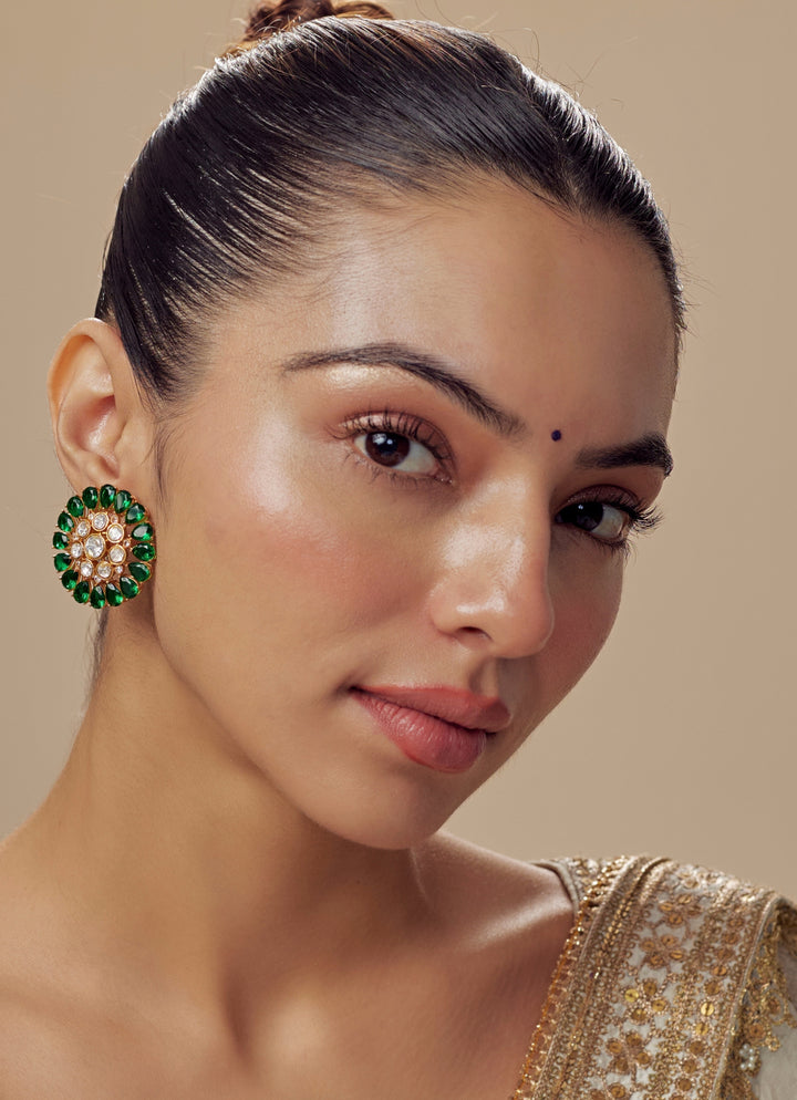 Gold Plated Green Kundan And Polki Stud Earrings
