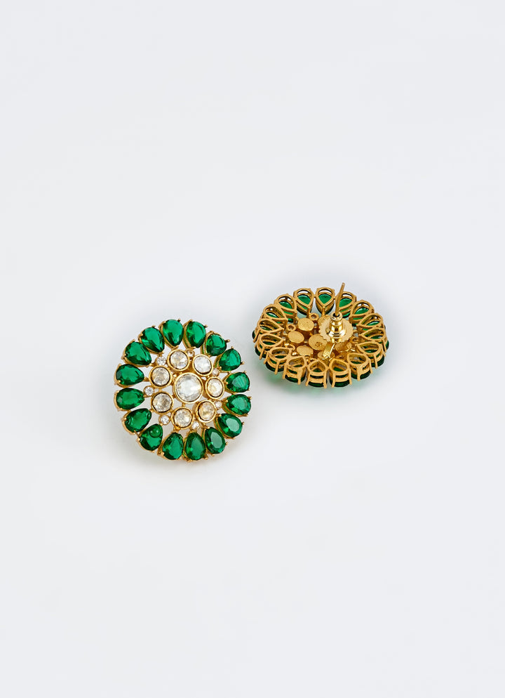 Gold Plated Green Kundan And Polki Stud Earrings