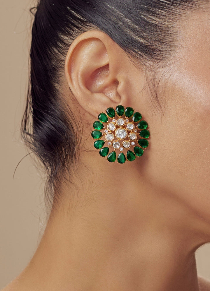 Gold Plated Green Kundan And Polki Stud Earrings