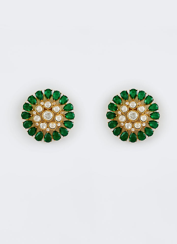 Gold Plated Green Kundan And Polki Stud Earrings