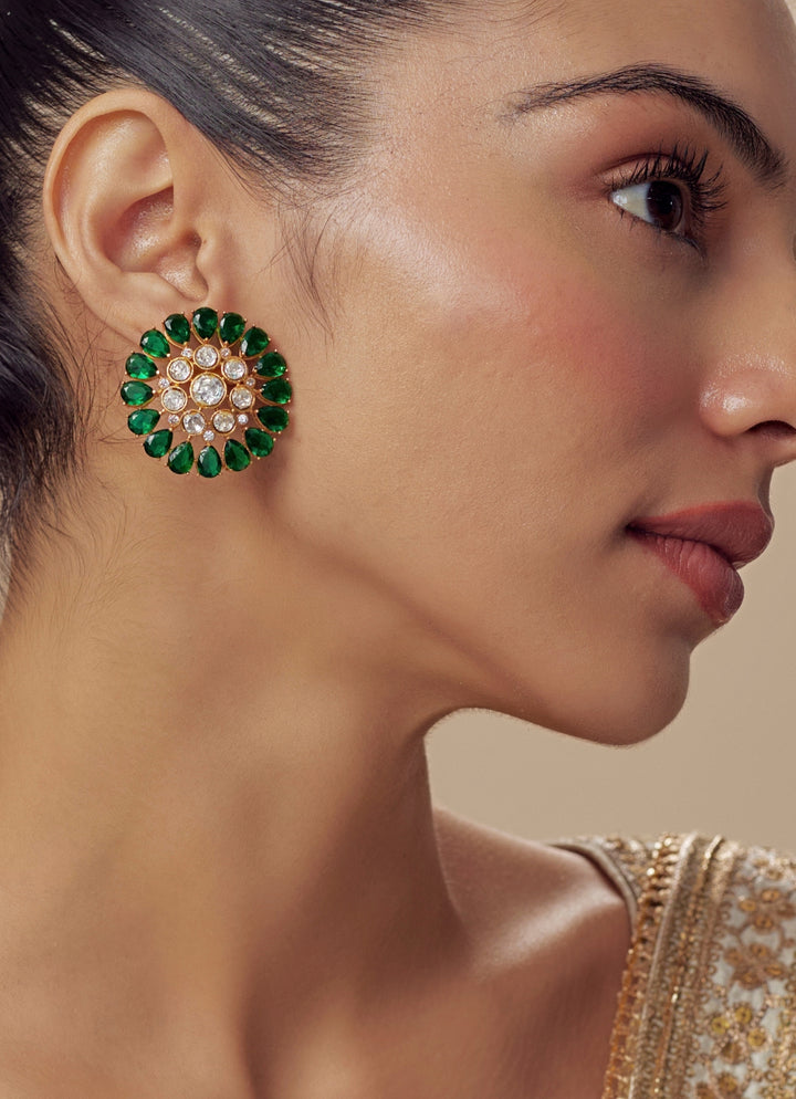 Gold Plated Green Kundan And Polki Stud Earrings