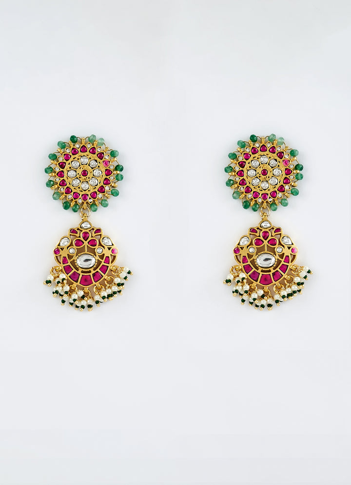 Gold Plated Pink And Green Kundan Chandelier Earrings