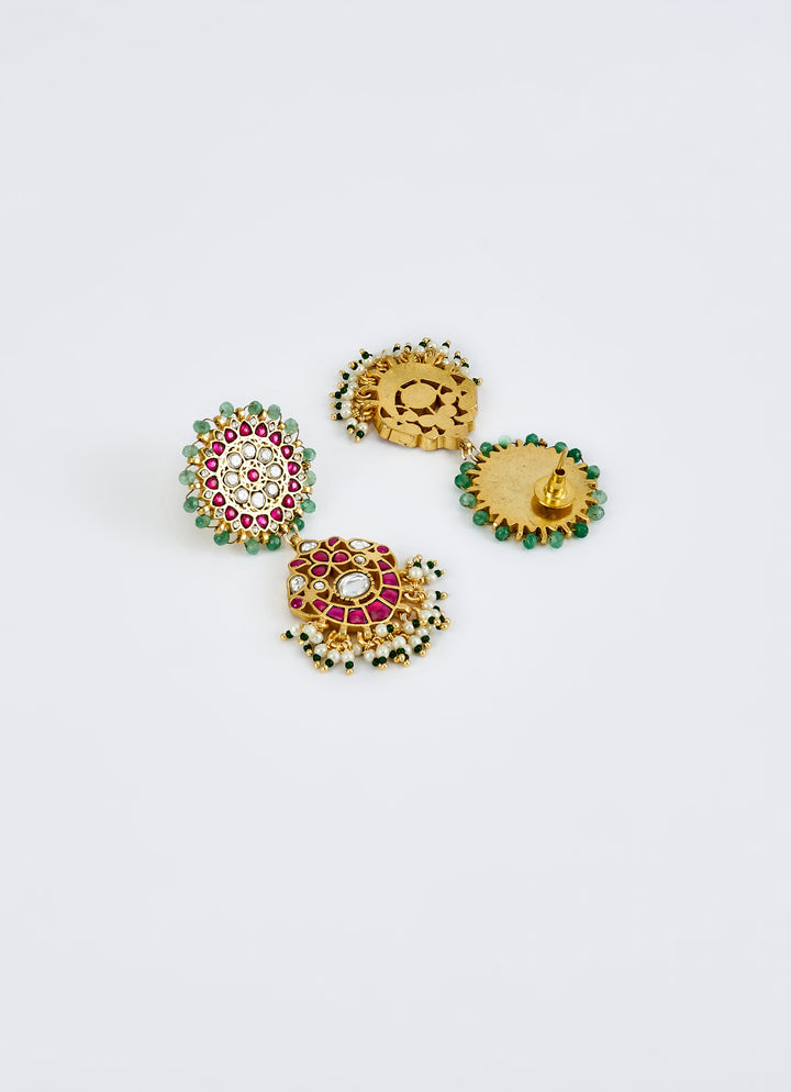 Gold Plated Pink And Green Kundan Chandelier Earrings