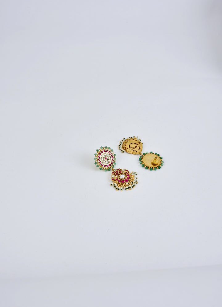 Gold Plated Pink And Green Kundan Chandelier Earrings