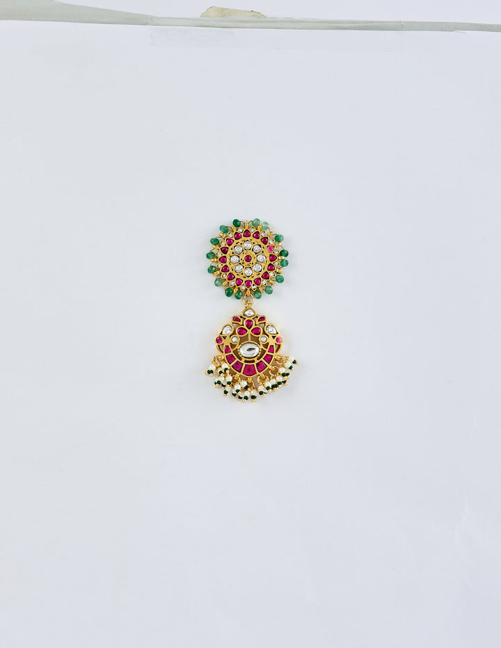 Gold Plated Pink And Green Kundan Chandelier Earrings