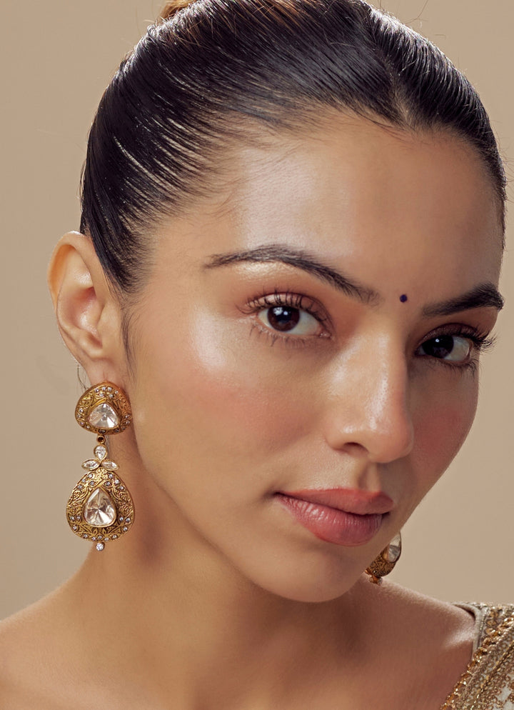 Gold Plated White Kundan Stone Earrings