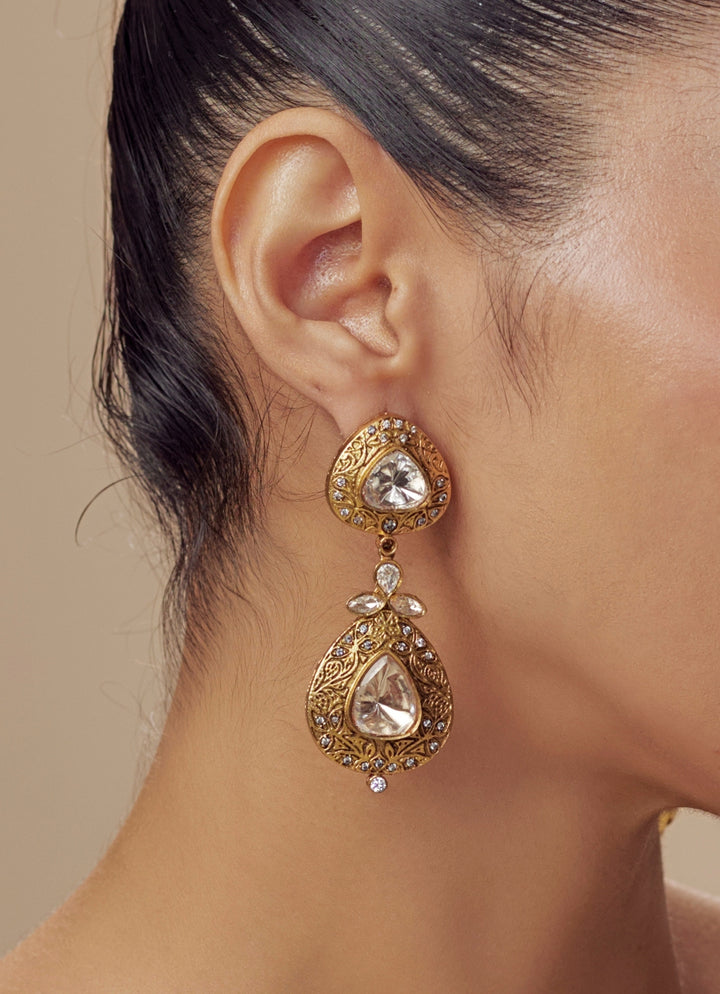 Gold Plated White Kundan Stone Earrings