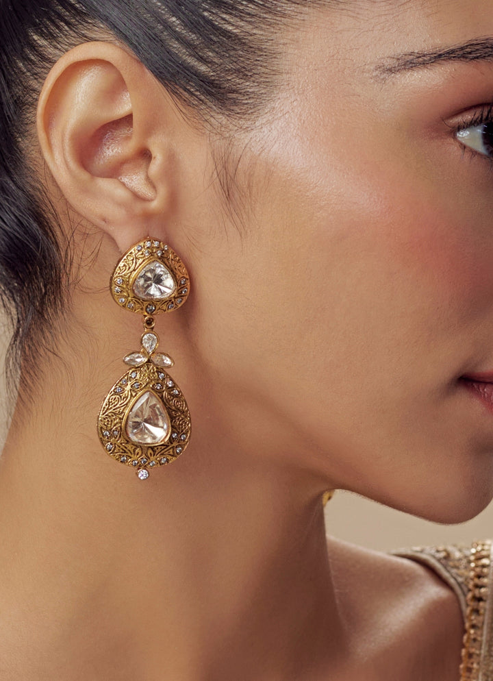 Gold Plated White Kundan Stone Earrings