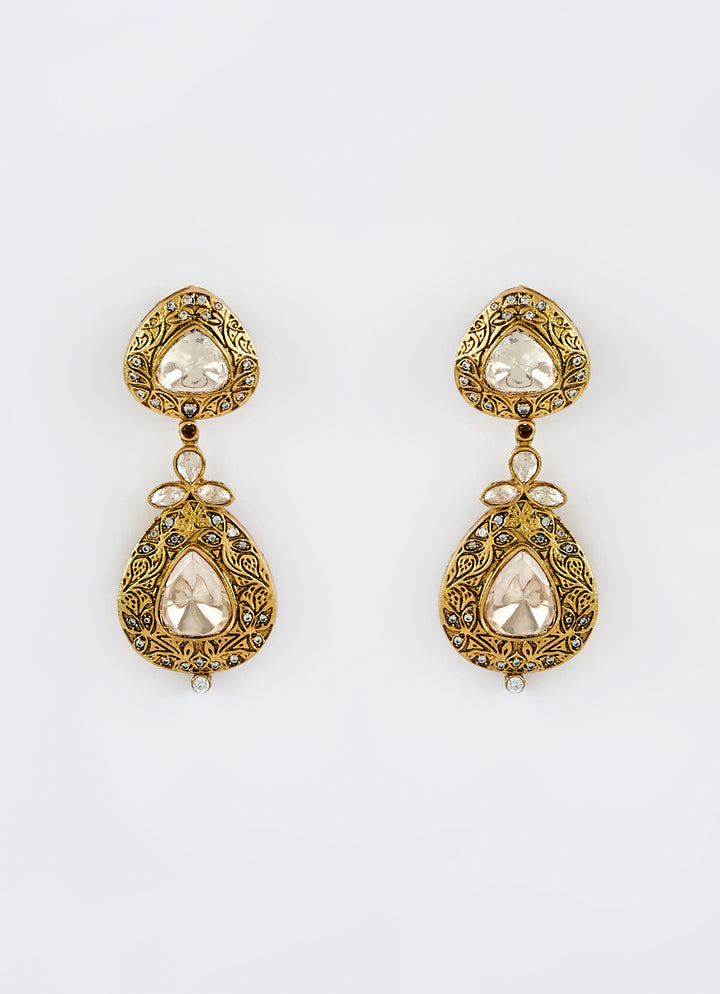Gold Plated White Kundan Stone Earrings