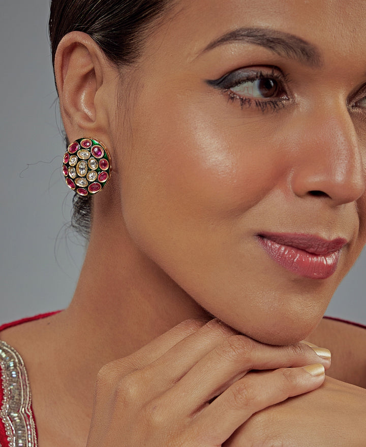 Gold Plated Pink And Green Kundan Studs Earrings