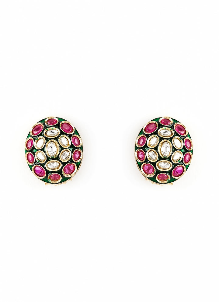 Gold Plated Pink And Green Kundan Studs Earrings