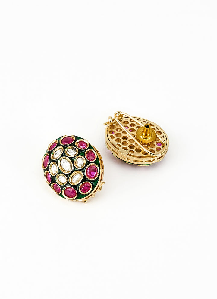 Gold Plated Pink And Green Kundan Studs Earrings