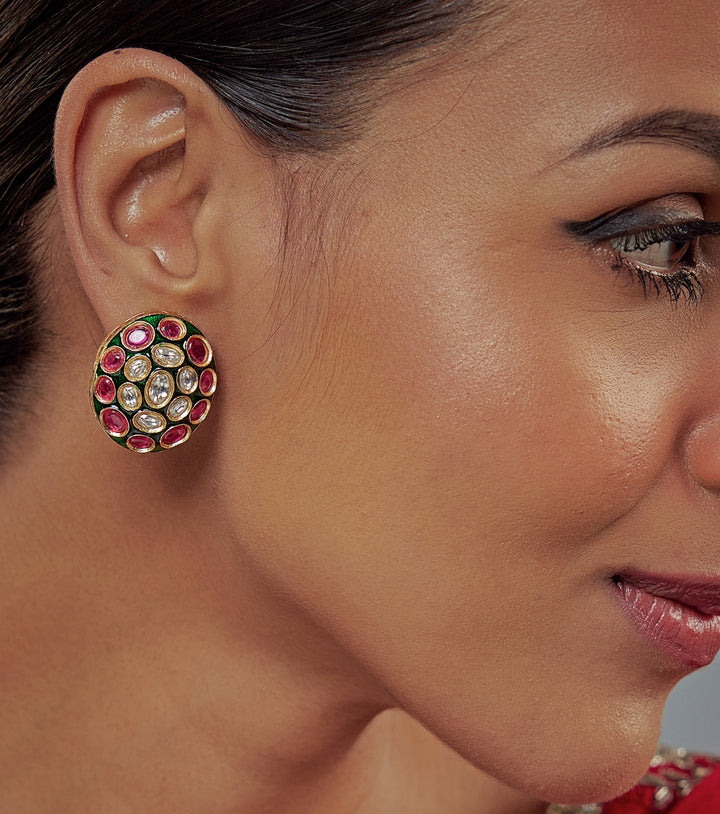Gold Plated Pink And Green Kundan Studs Earrings