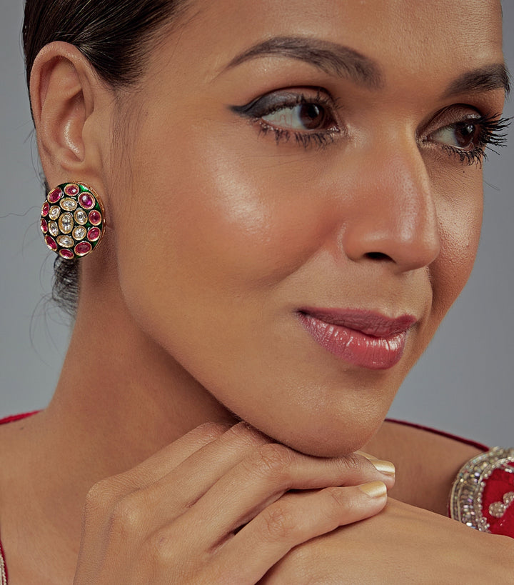 Gold Plated Pink And Green Kundan Studs Earrings