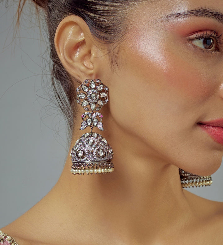 Silver Plated Zircon Jhumkas Earrings