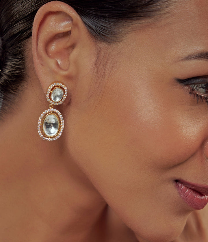 Gold Plated White Kundan Danglers Earrings