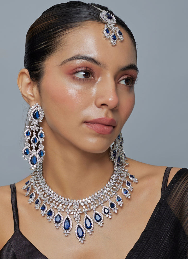 Blue And Crystal Silver Necklace Set