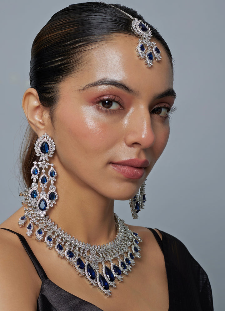 Blue And Crystal Silver Necklace Set