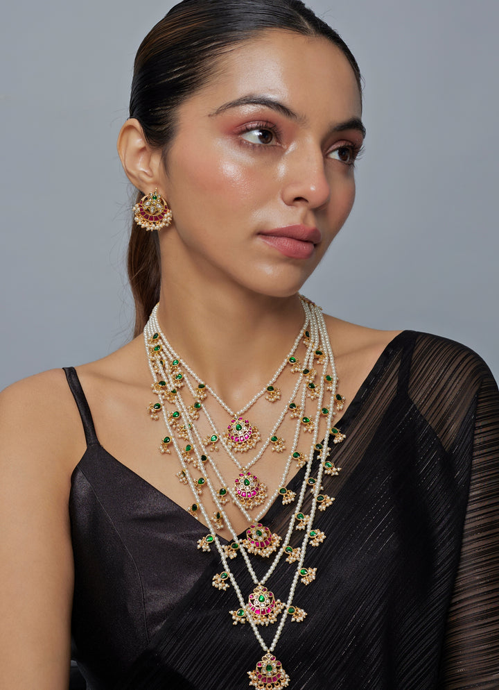 Gold Plated Multi Layered Kundan And Polki Long Necklace Set
