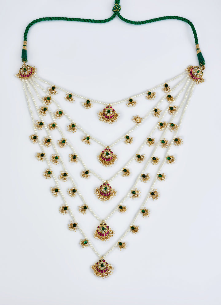 Gold Plated Multi Layered Kundan And Polki Long Necklace Set