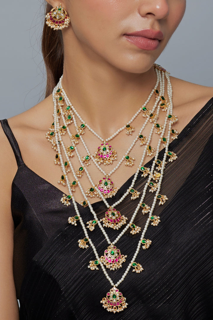Gold Plated Multi Layered Kundan And Polki Long Necklace Set