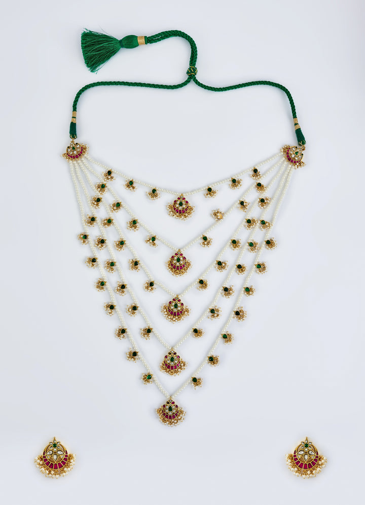 Gold Plated Multi Layered Kundan And Polki Long Necklace Set