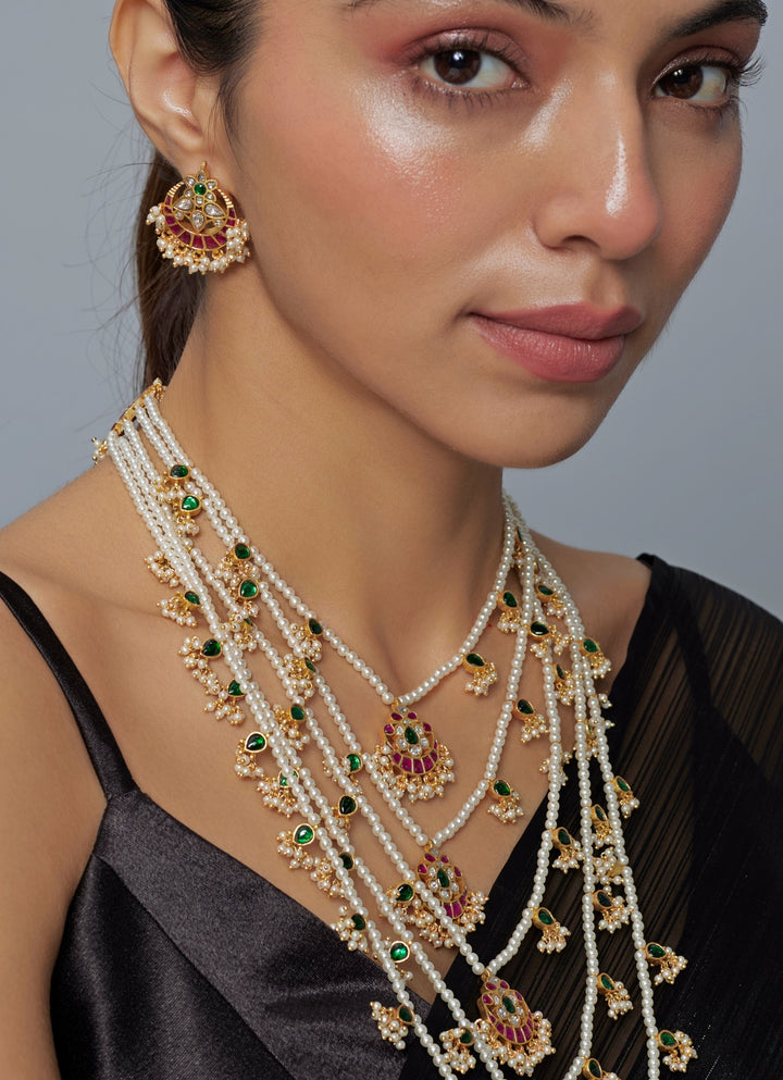 Gold Plated Multi Layered Kundan And Polki Long Necklace Set