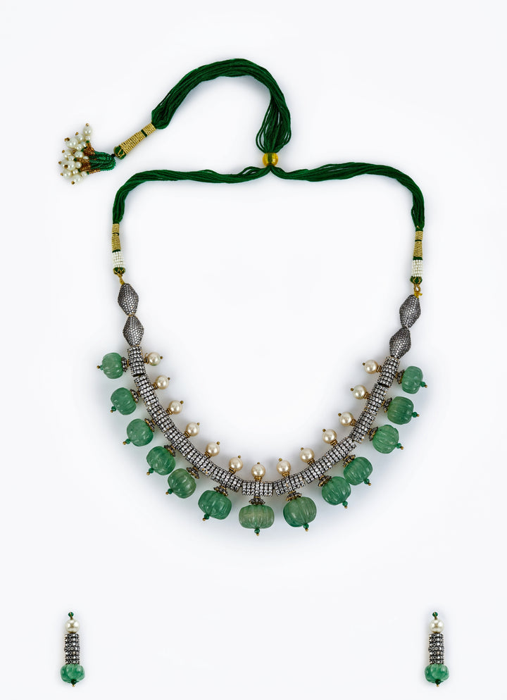 Green Teardrop Necklace Set With Crystal