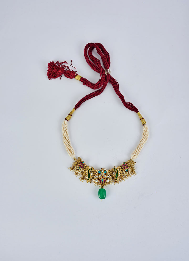 Gold Plated Green Beaded Choker Necklace Set