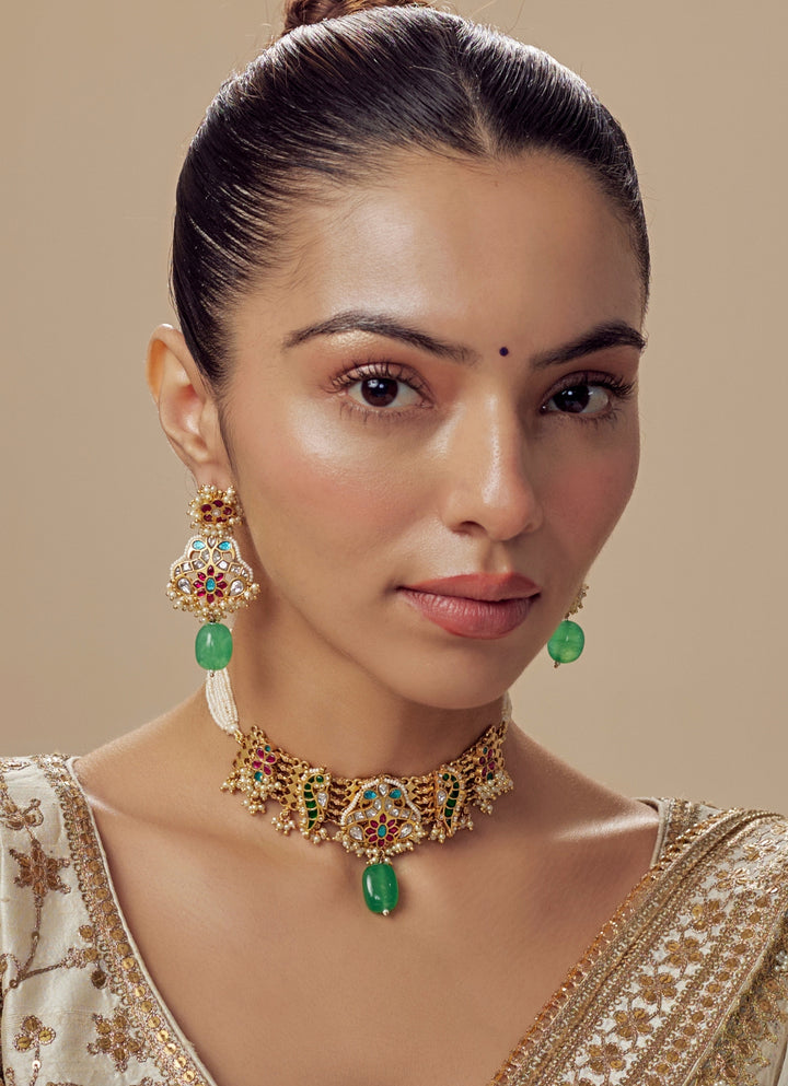 Gold Plated Green Beaded Choker Necklace Set