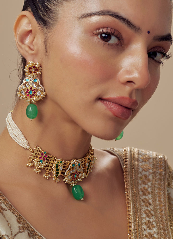 Gold Plated Green Beaded Choker Necklace Set