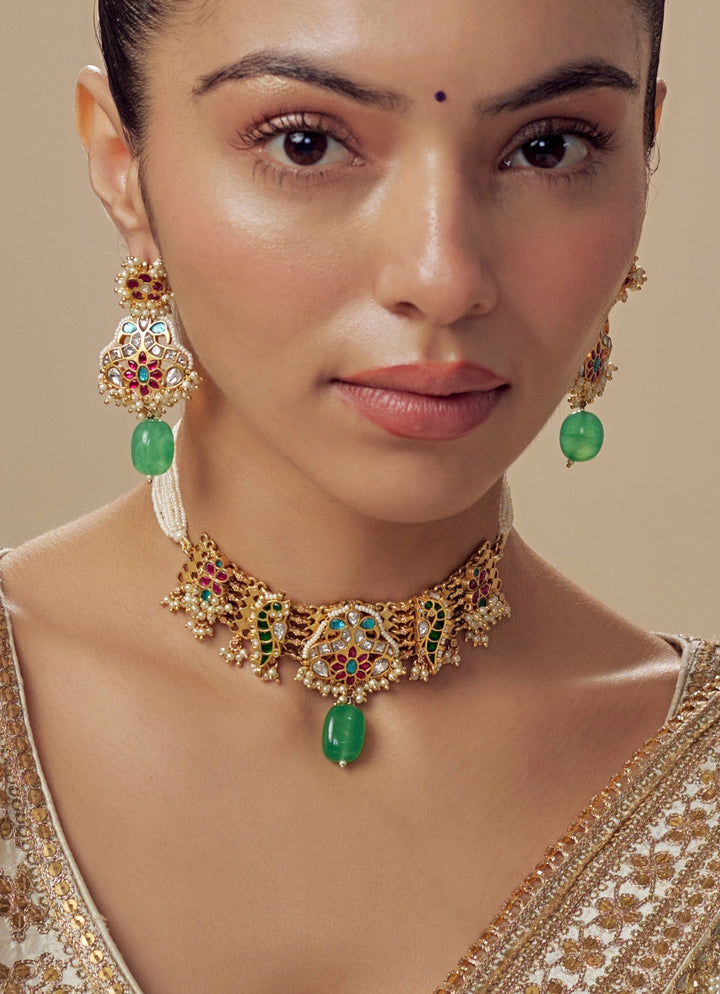 Gold Plated Green Beaded Choker Necklace Set