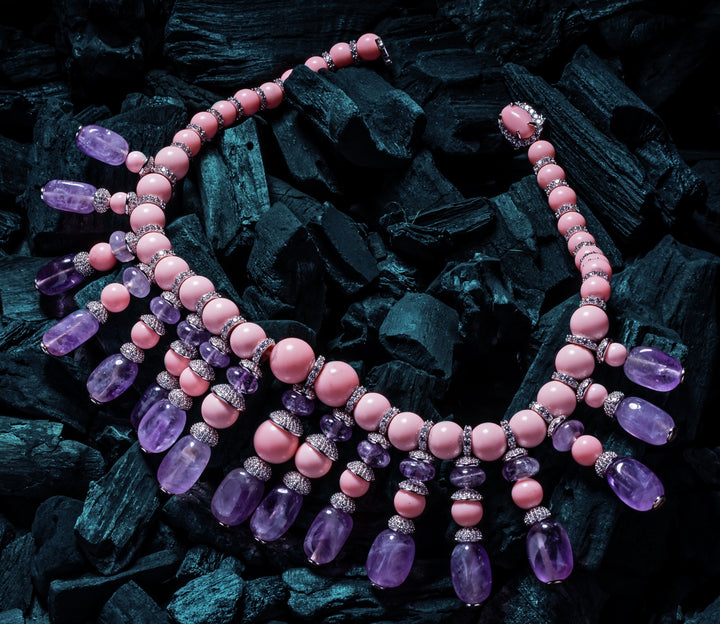 Pink And Purple Beaded Short Necklace