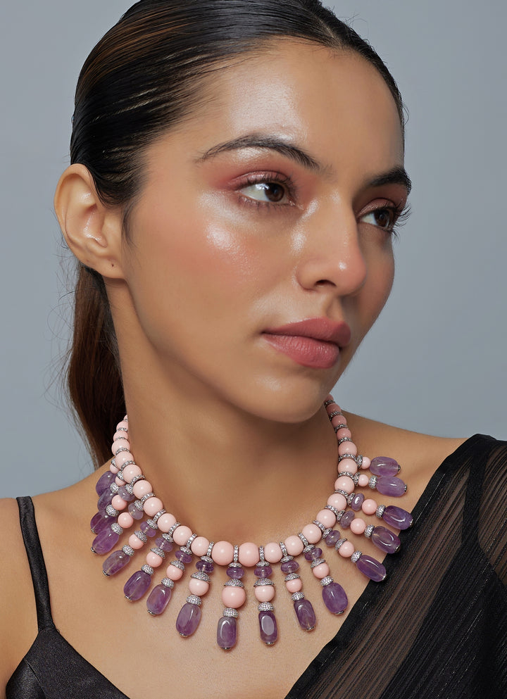 Pink And Purple Beaded Short Necklace