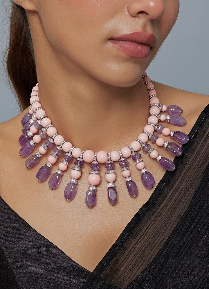 Pink And Purple Beaded Short Necklace