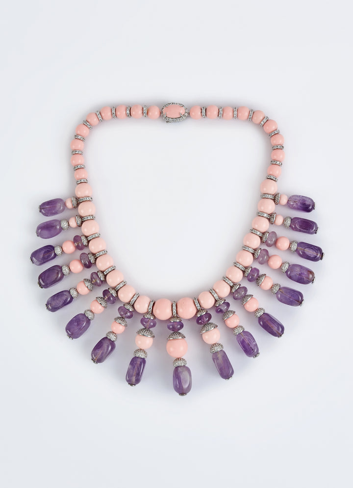 Pink And Purple Beaded Short Necklace