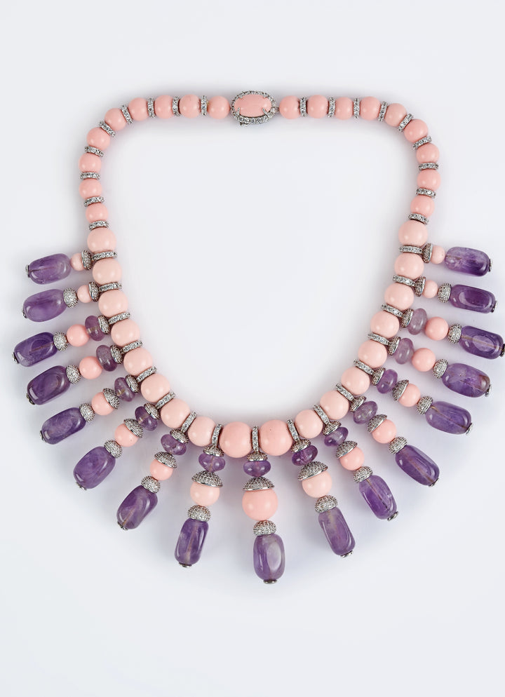 Pink And Purple Beaded Short Necklace